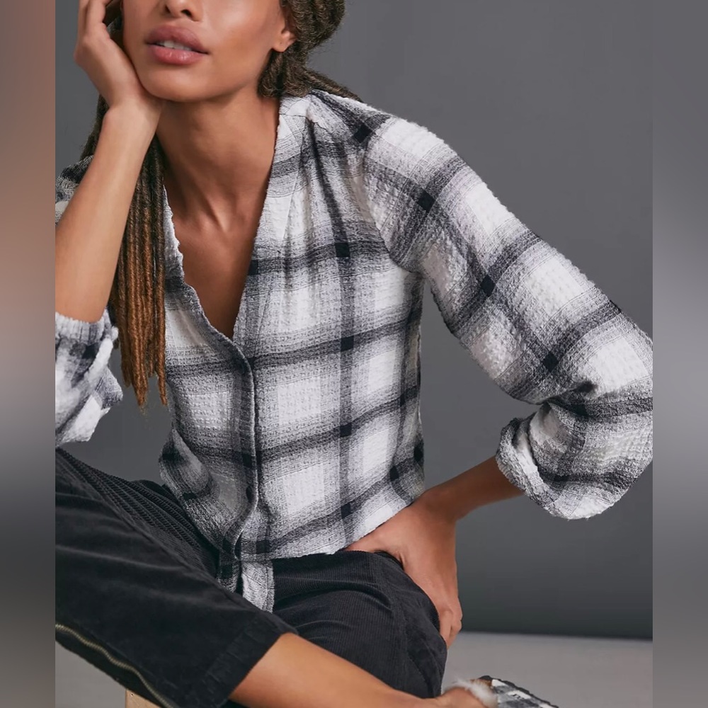 Cloth & Stone Anthropologie Black Plaid Tie Front Button Up Top Sz S Grunge Boho